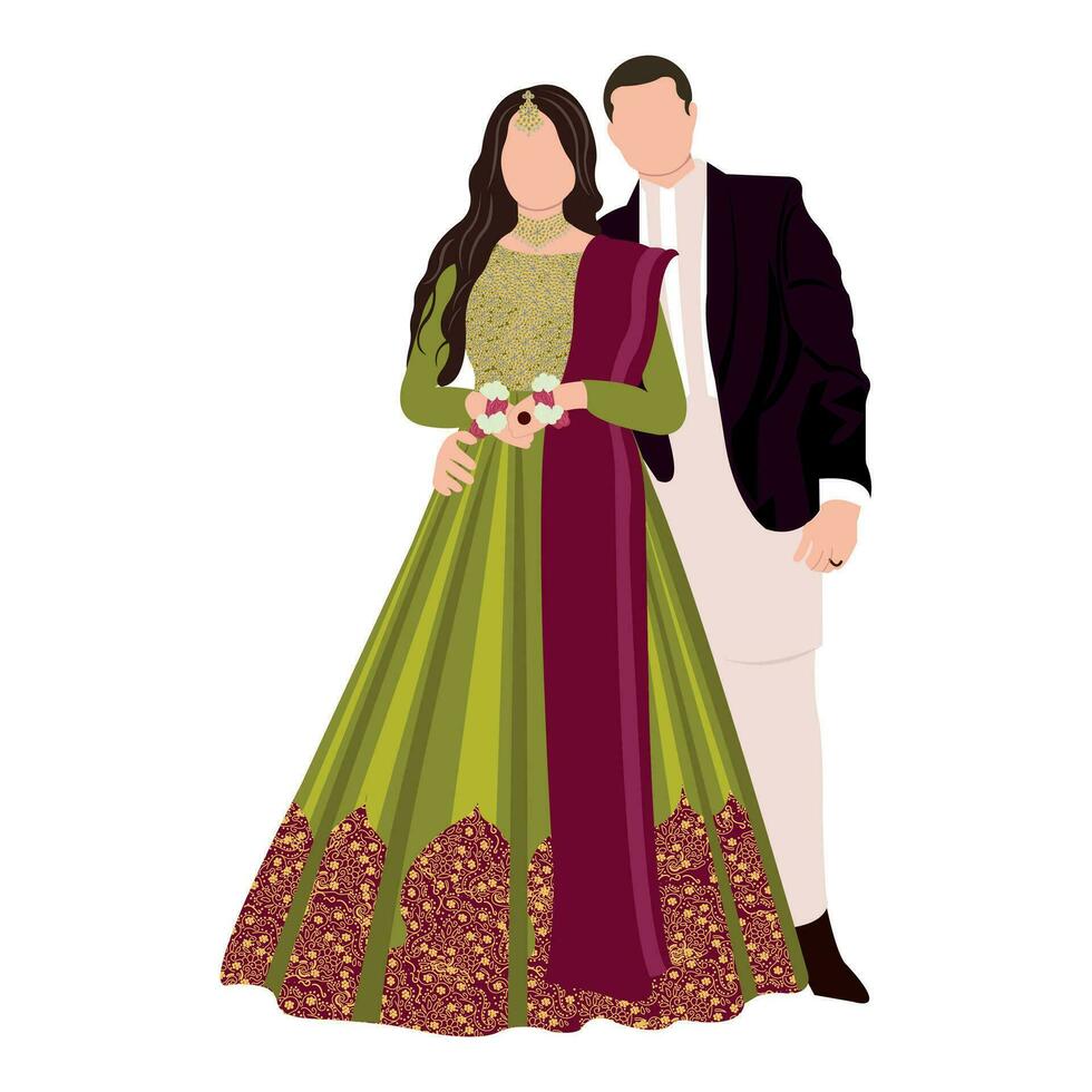 vector vector linda indio Pareja dibujos animados en tradicional vestir posando para Boda invitación tarjeta diseño