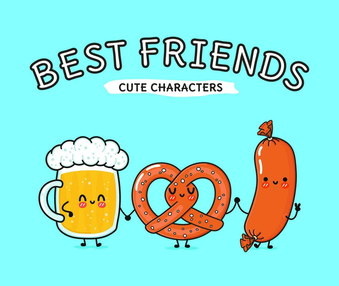 Glass of beer, sausage and pretzel. Vector hand drawn cartoon kawaii characters, illustration icon. Funny cartoon glass of beer, sausage and pretzel mascot friends concept