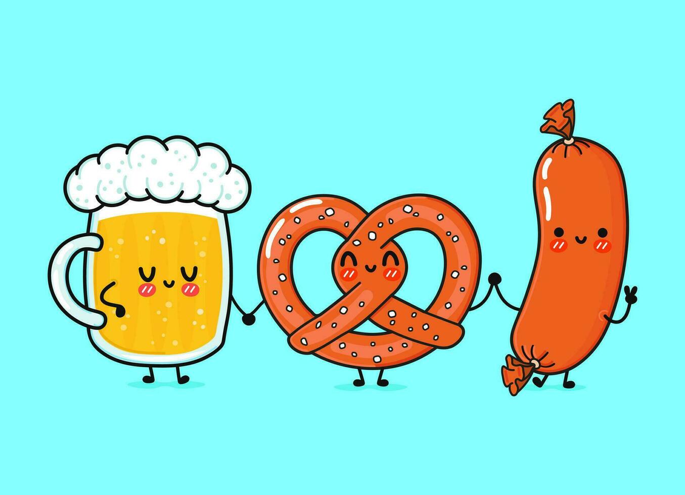 Glass of beer, sausage and pretzel. Vector hand drawn cartoon kawaii characters, illustration icon. Funny cartoon glass of beer, sausage and pretzel mascot friends concept