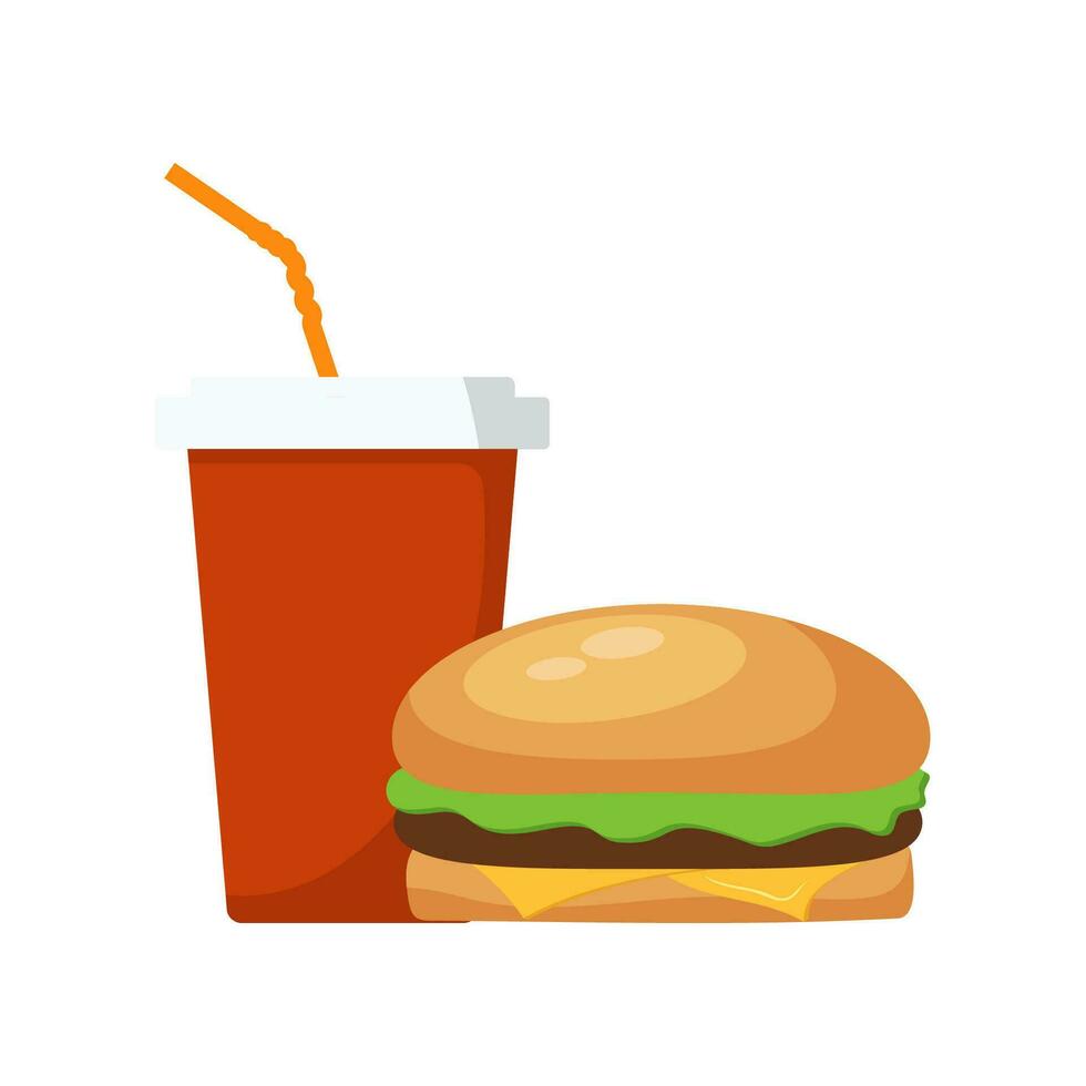 Hamburger and Soda, cold drink or coffee. Vector illustration.