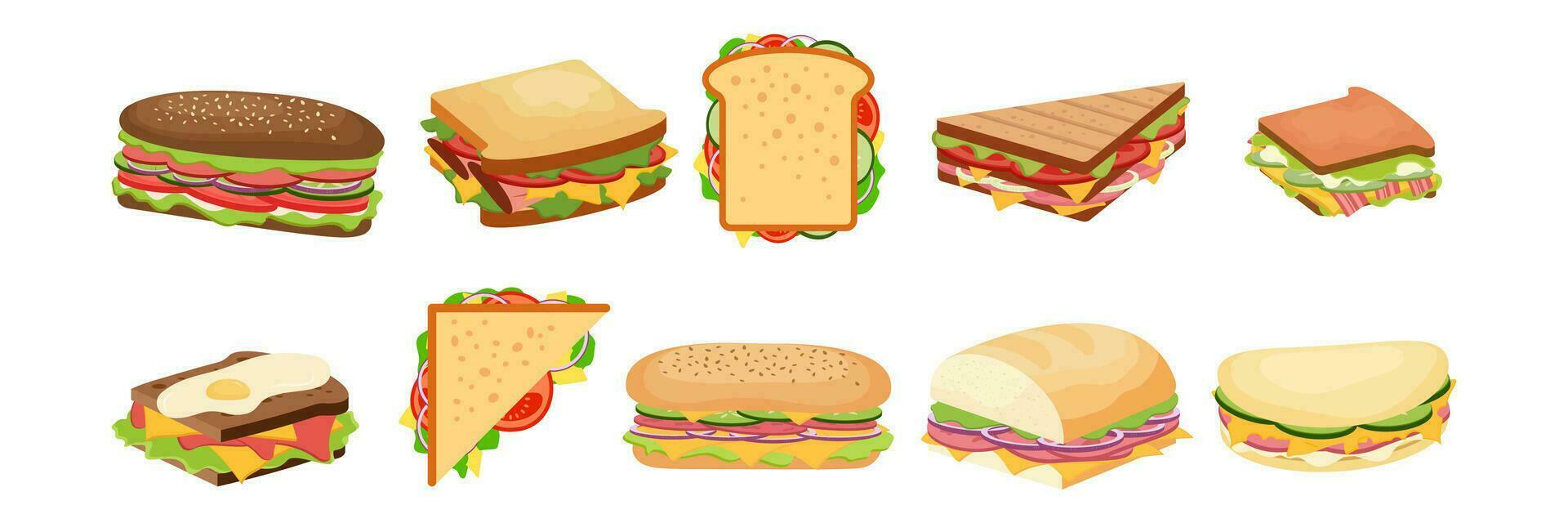Burger, sandwich, hot dog and wrap Vector illustration set. Hamburger or cheeseburger snack fast food collections.