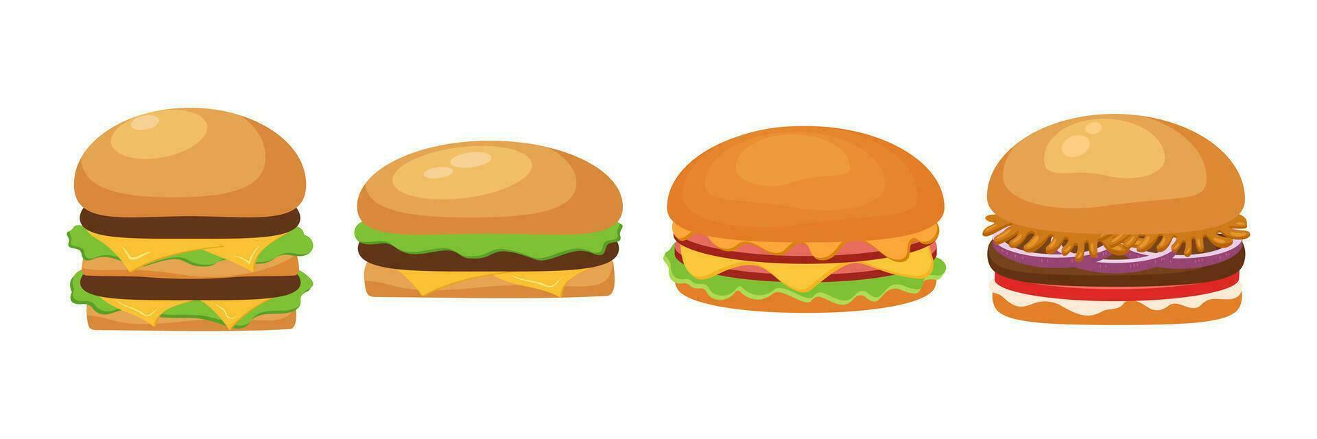Illustration of stylized hamburger or cheeseburger set vector icon. Fast food meal. Isolated on white background.