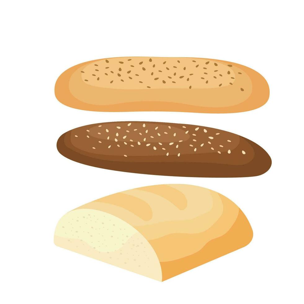 Set of ingredients for burger and sandwich . Sliced veggies, bun, cutlet, sauce. Vector illustration cartoon flat icon collection isolated on white.