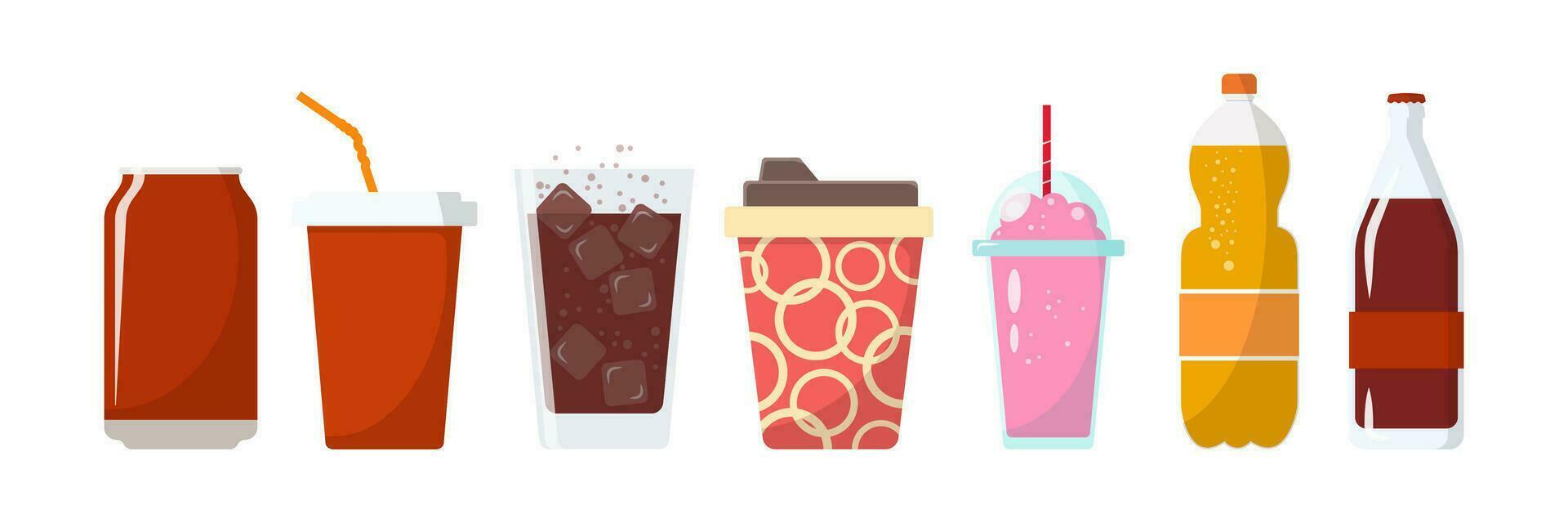 Soda drinks in plastic and aluminum packaging set. Sparkling water with different flavors. Bottled drink, vitamin juice, sparkling or natural water in tanks. Vector illustration.