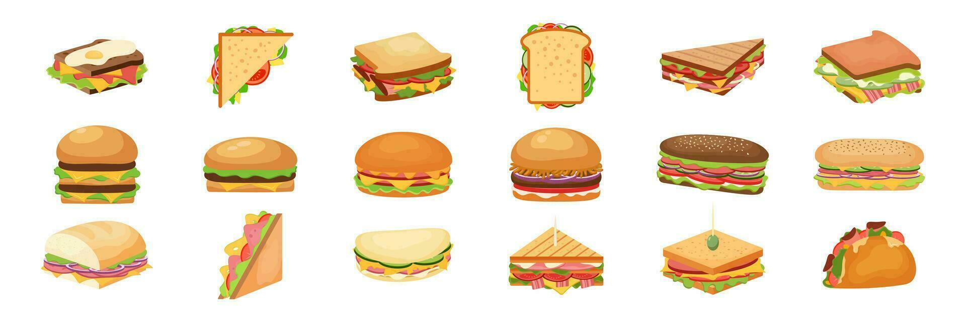 Burger, sandwich, hot dog and wrap Vector illustration set. Hamburger or cheeseburger snack fast food collections.