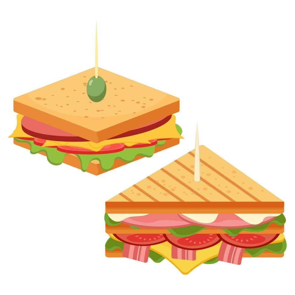 Burger, sandwich, hot dog and wrap Vector illustration set. Hamburger or cheeseburger snack fast food collections.