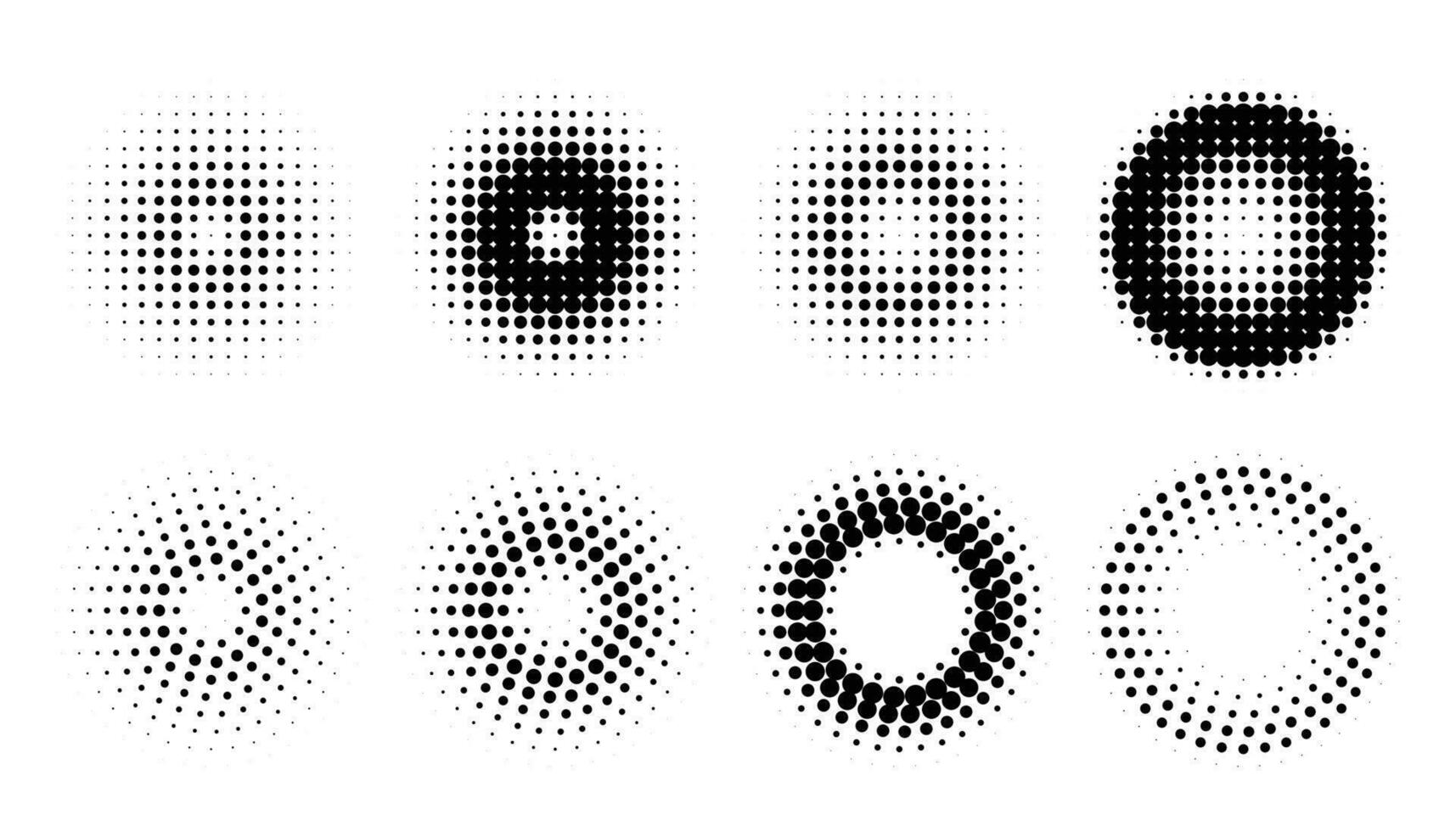 circulo medios tonos resumen punteado círculos, redondo medios tonos geométrico puntos degradado y popular Arte textura. punto rociar gradación colocar. ilustración trama de semitonos degradado manchado, efecto redondo vector