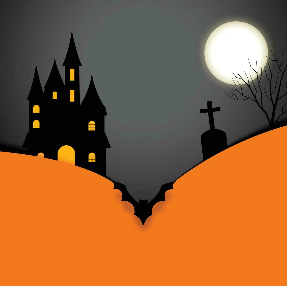 Halloween pumpkins with Moon on orange night background. Illustration can be used for children's holiday design, cards, invitations, banners. Holiday card with Jack O' Lanterns, bats and black spider. vector