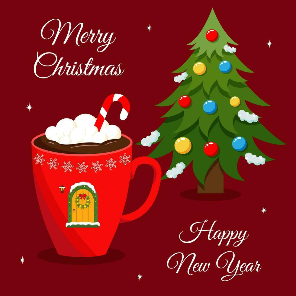 Christmas, New Year greeting card, invitation with mug of hot chocolate and christmas tree. Mug with candy, marshmallows, christmas wreath, lantern, door. Vector illustration.