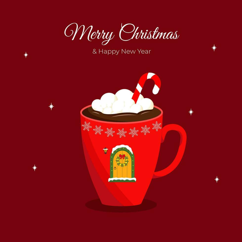 Christmas, New Year greeting card, invitation with mug of hot chocolate. Mug with candy, marshmallows, christmas wreath, lantern, door. Vector illustration.