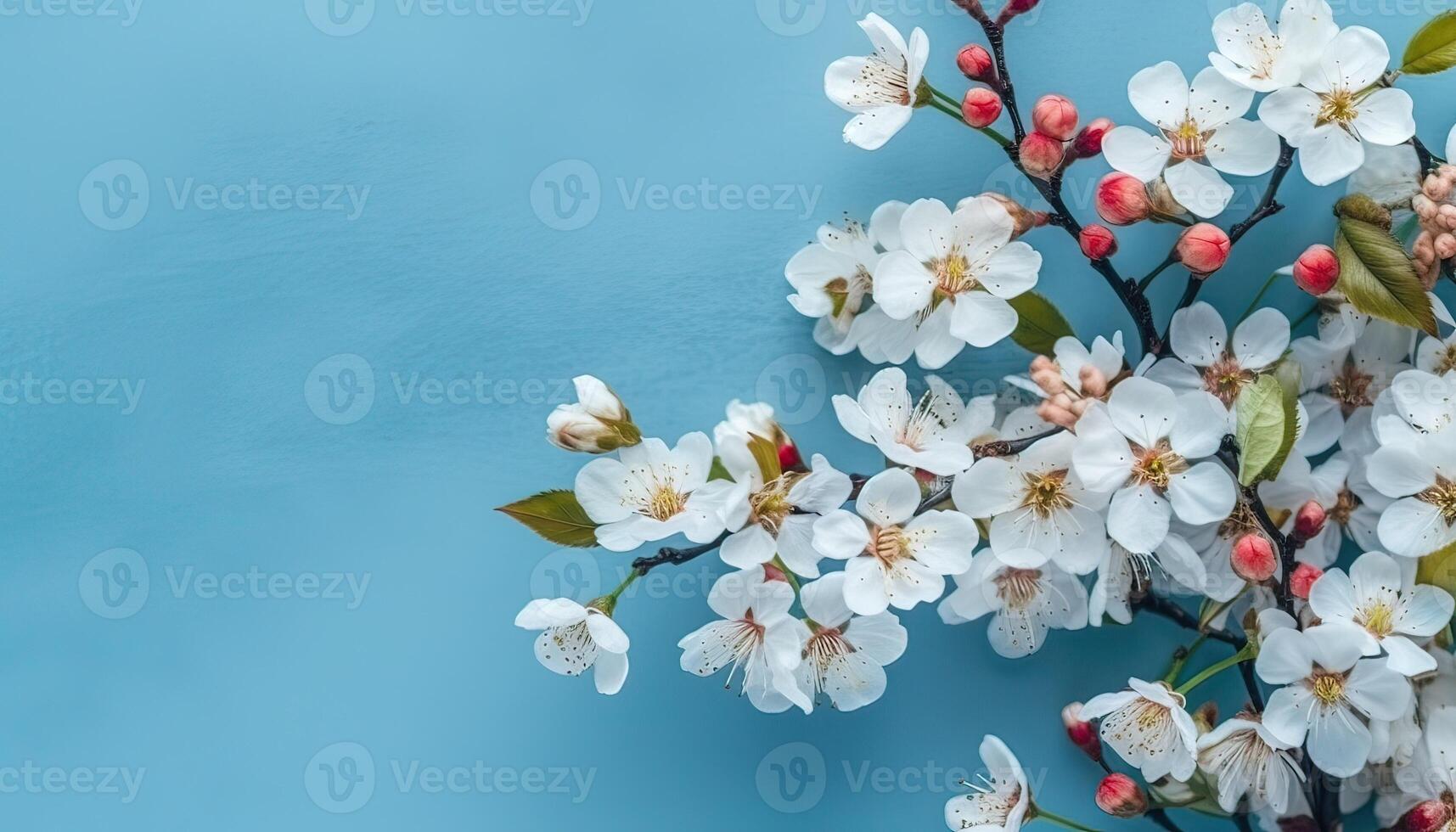 illustration of many small beautiful pink white flower blossoms on blue pastel background with copy space photo