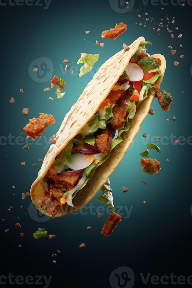 Generative AI illustration of flying tacos for food commercial, blank background photo