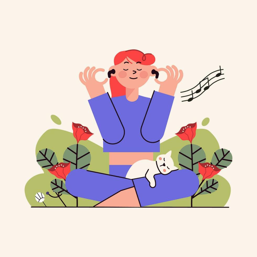 un mujer disfrutando escucha a música en naturaleza vector