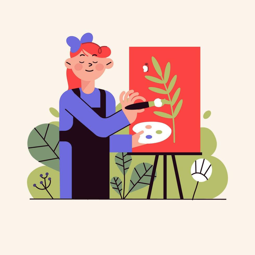 un mujer disfrutando pintar en naturaleza vector