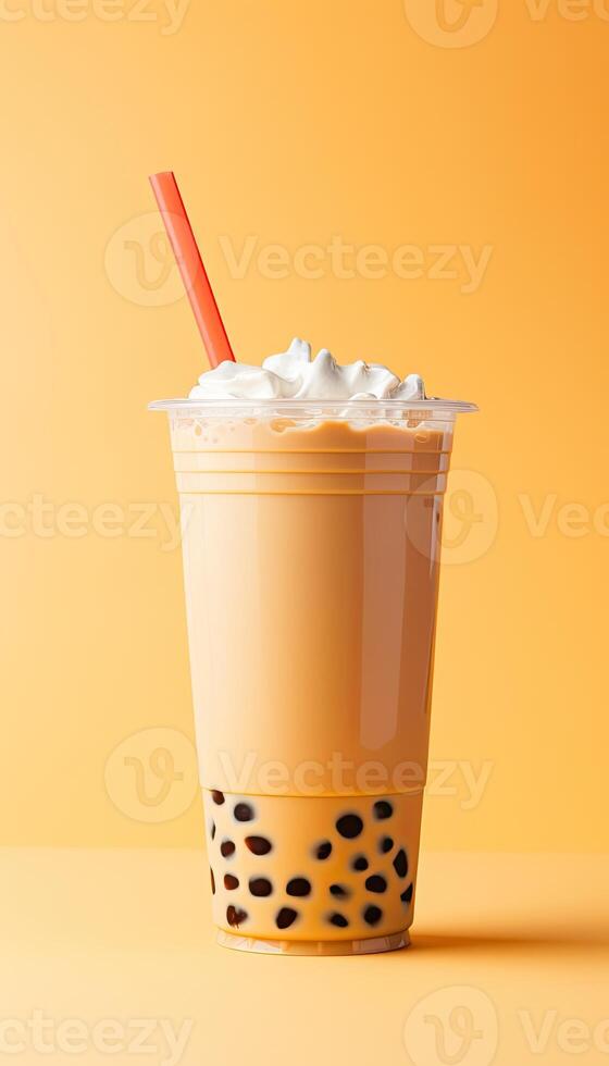 Generative AI illustration of product photo plastic cup of boba milk tea, with bubbles, fun, pastel background