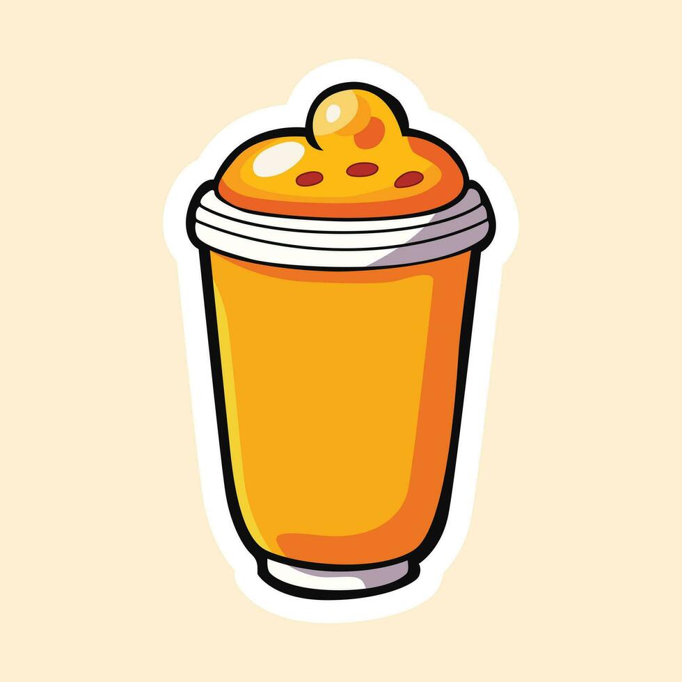 Yellow drink vector sticker design. Cartoon cappuccino illustration.