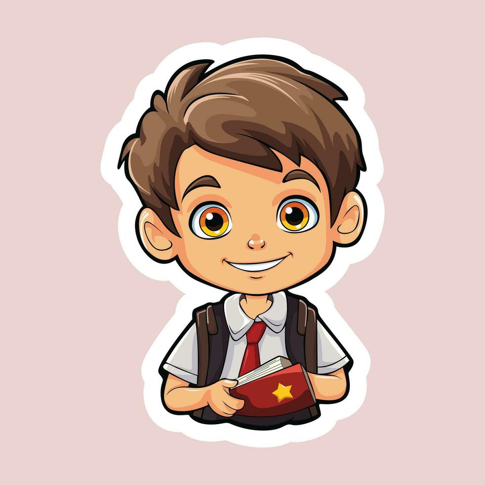 Child boy back to school vector sticker design. Cartoon sticker