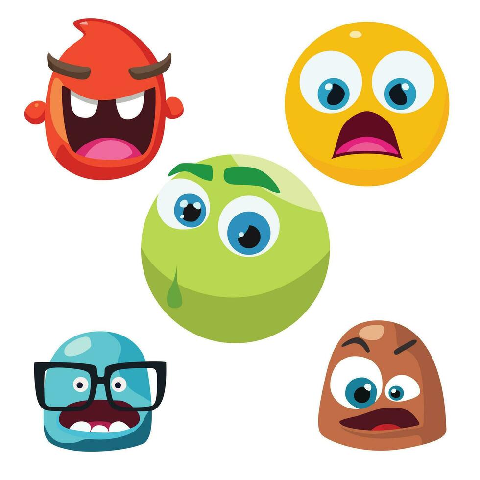 Expressions avatar cartoon vector design set. Different monster sign sticker collection.