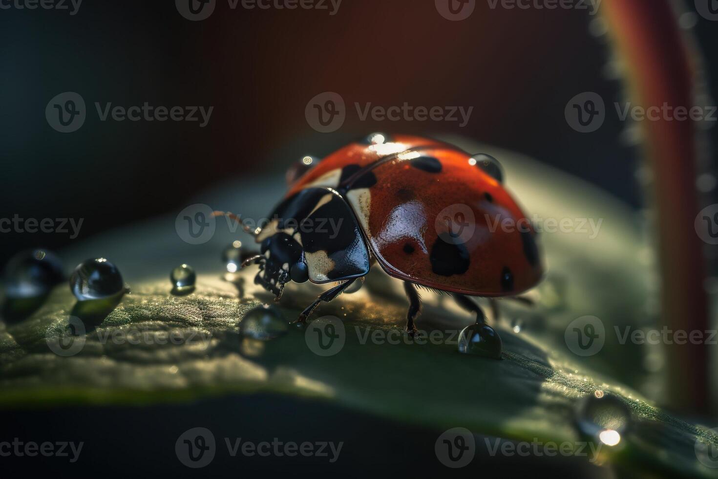 illustration of macro close up photo of a ladybug drinks a drop of water on a leaf, translucence, back lit