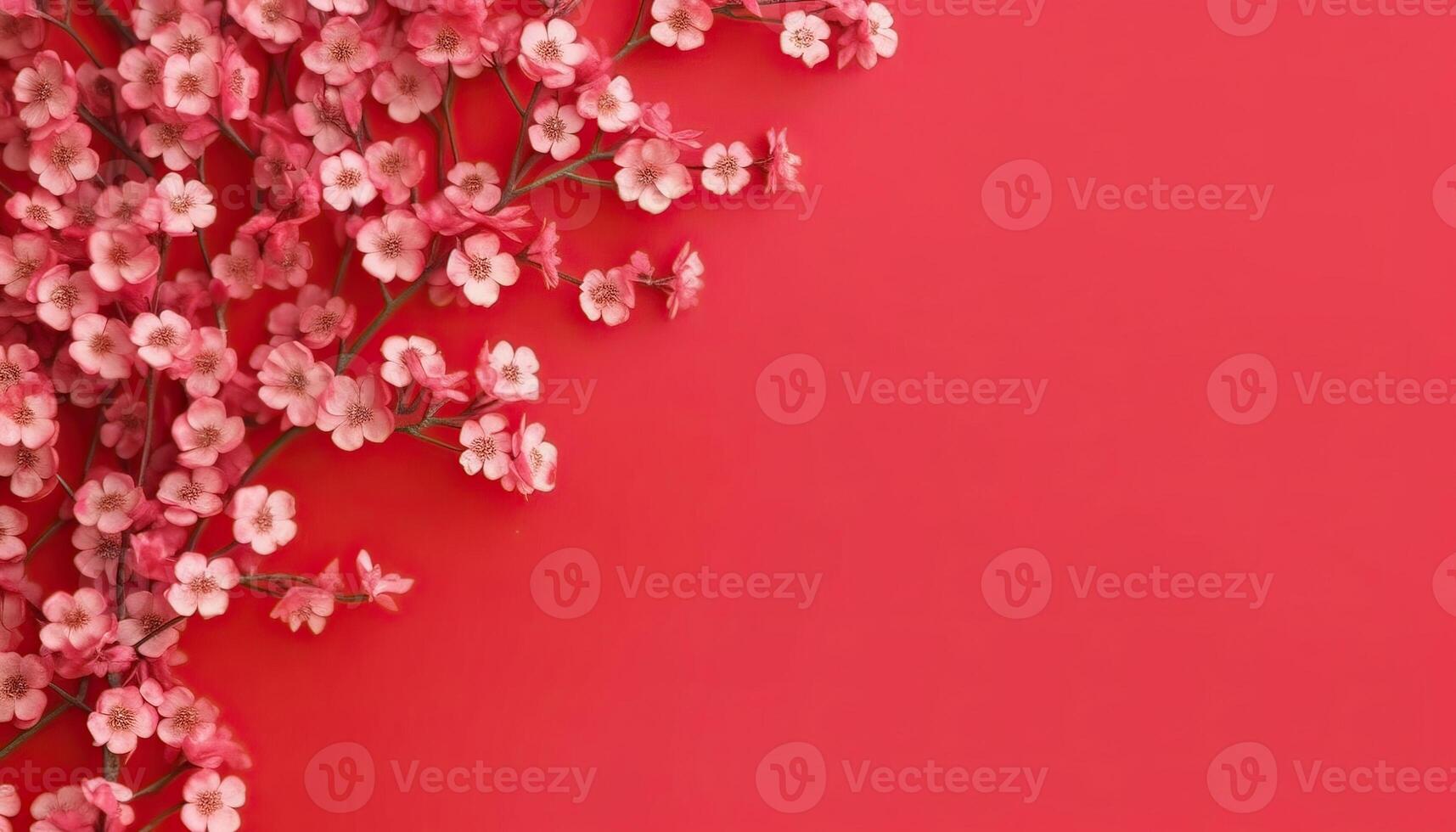 illustration of many small beautiful pink flower blossoms on red pastel background with copy space photo