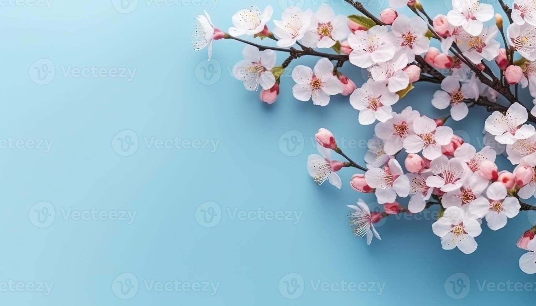 illustration of many small beautiful pink white flower blossoms on blue pastel background with copy space photo