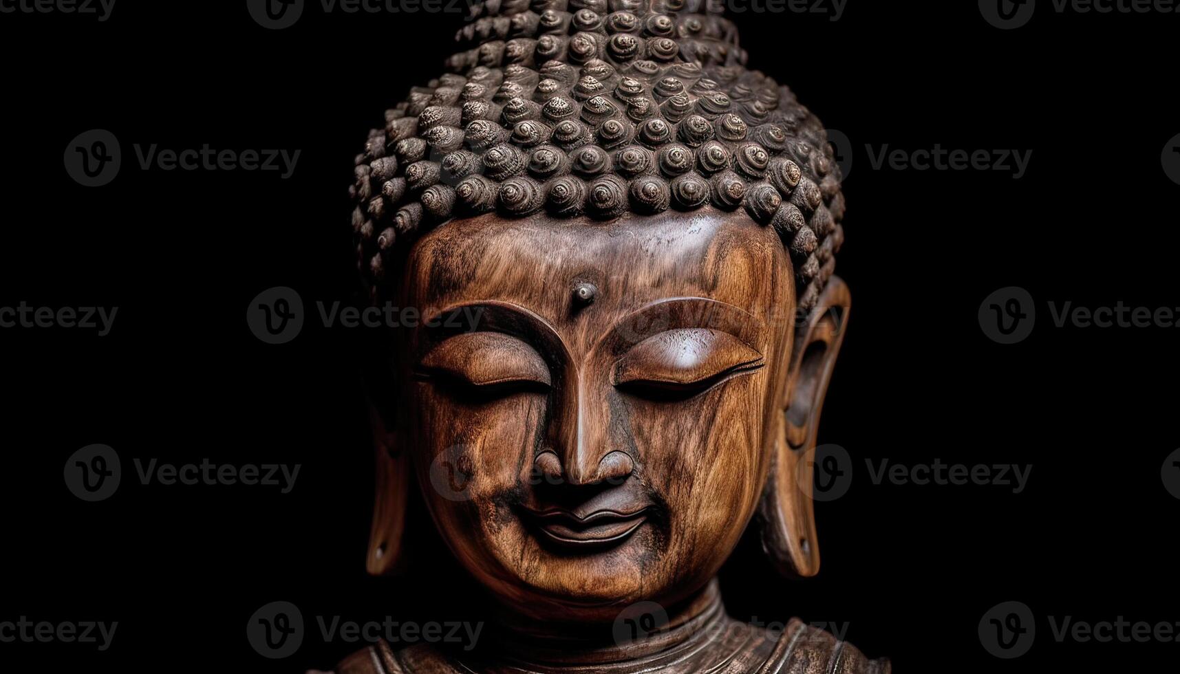 illustration of rock and wooden buddha statue on black background photo
