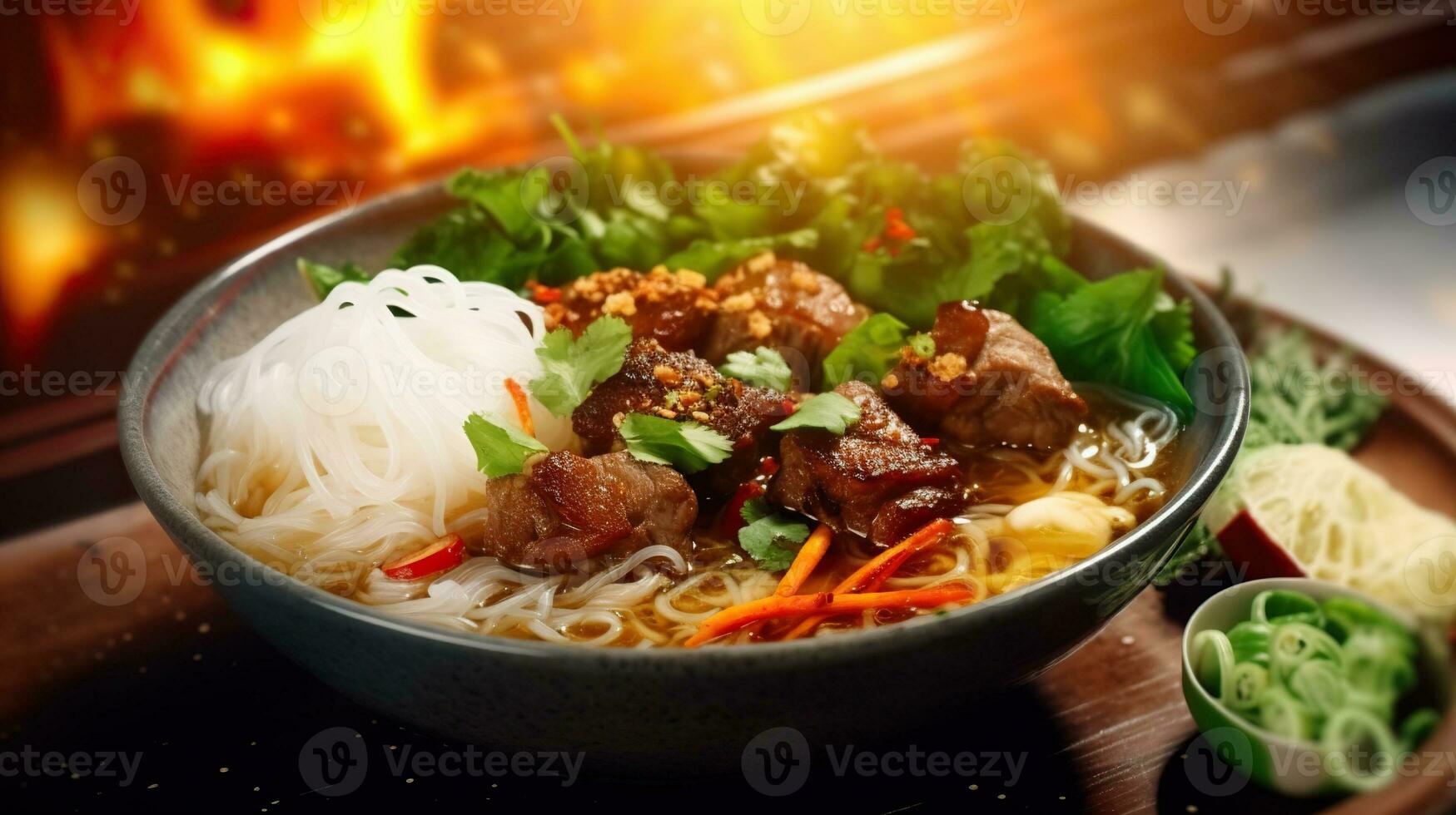 Generative AI illustration of Vietnamese grilled pork noodles, bun cha, splash effect. Street food in Vietnam photo