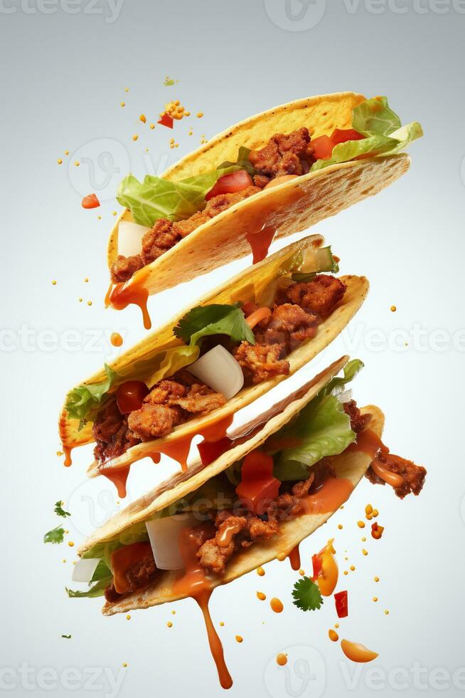 Generative AI illustration of flying tacos for food commercial, blank background photo