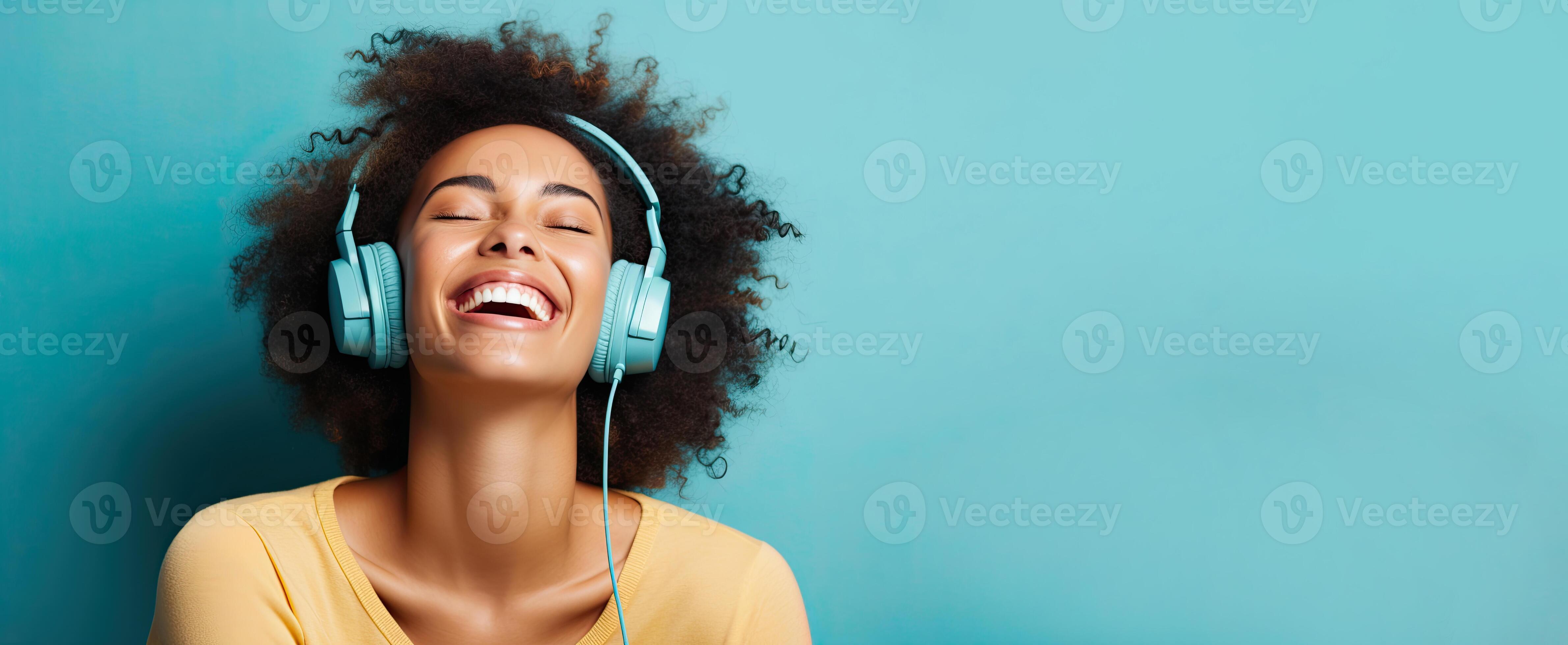 Generative AI illustration of smiling woman listening to music