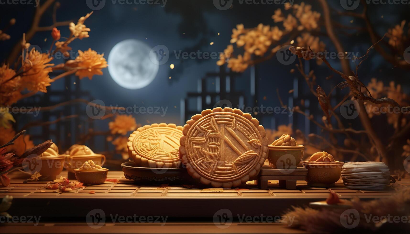 illustration of Chinese Mid Autumn Festival moon cakes arranged on a traditional Chinese porcelain plate, set on a rustic wooden table photo