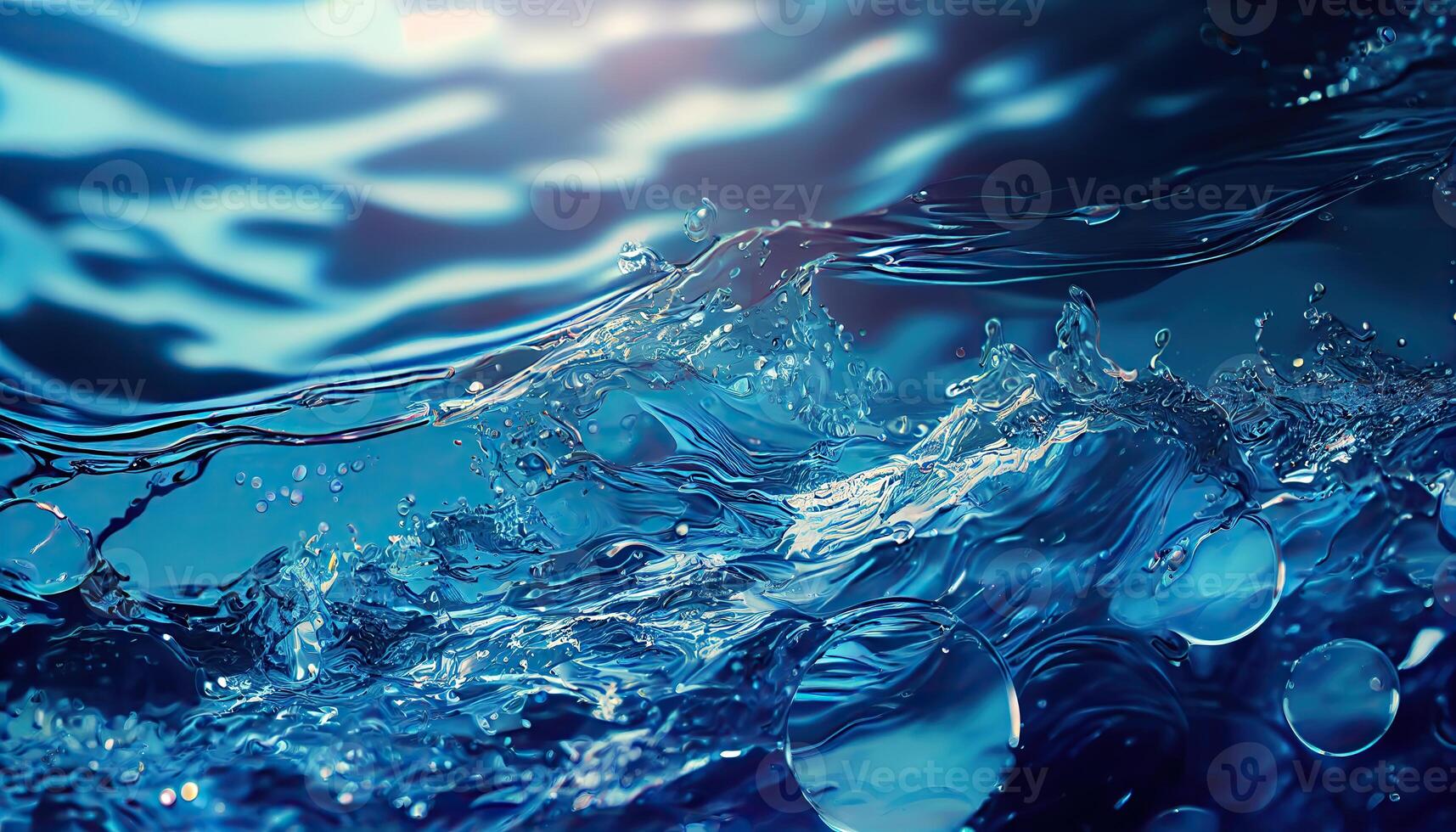 illustration of transparent blue clear water surface texture with ripples, splashes and bubbles. Abstract summer banner background, water waves in sunlight with copy space photo