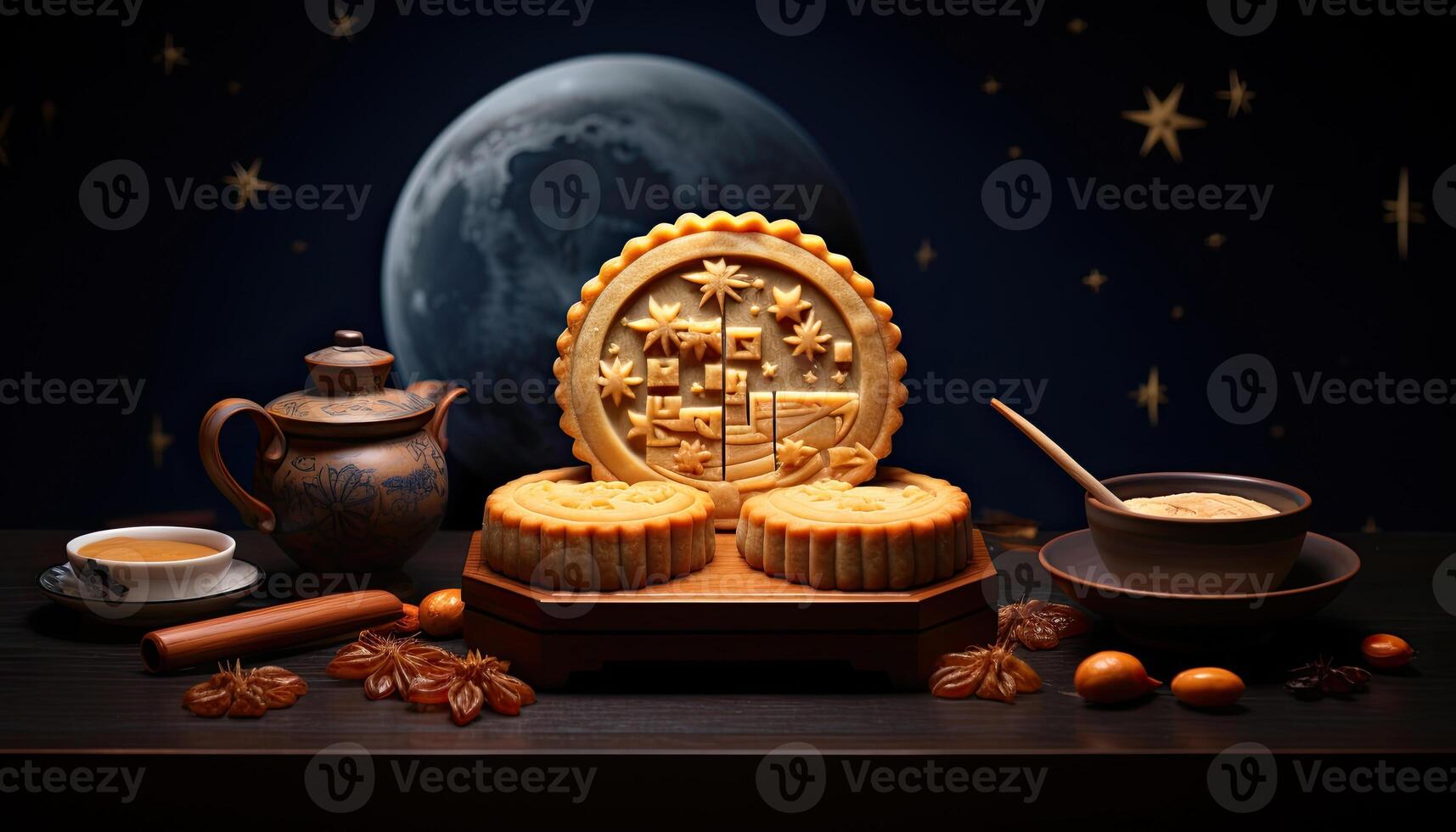 illustration of Chinese Mid Autumn Festival moon cakes arranged on a traditional Chinese porcelain plate, set on a rustic wooden table photo