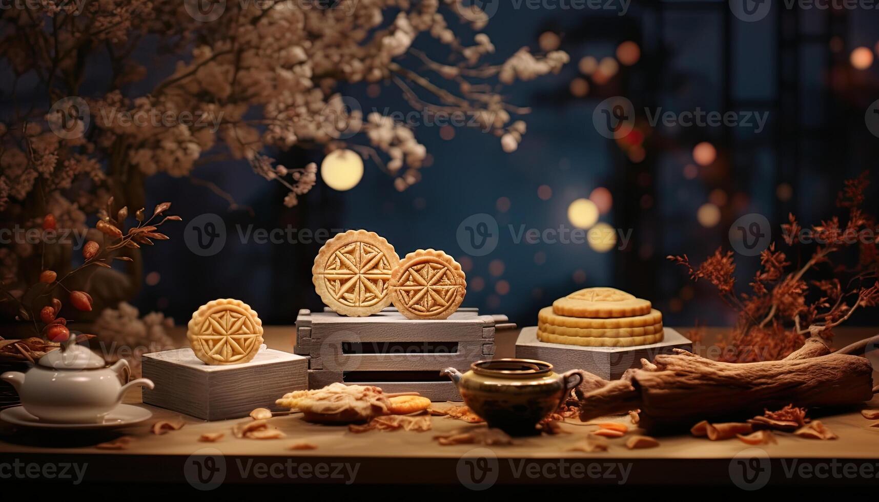 illustration of Chinese Mid Autumn Festival moon cakes arranged on a traditional Chinese porcelain plate, set on a rustic wooden table photo