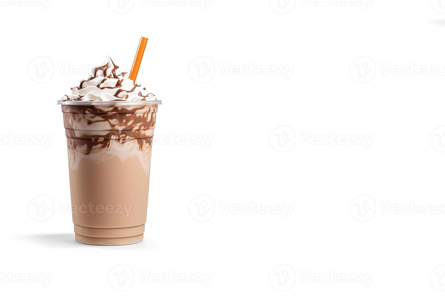 Chocolate milkshake in plastic takeaway cup isolated on white background with copy space. photo