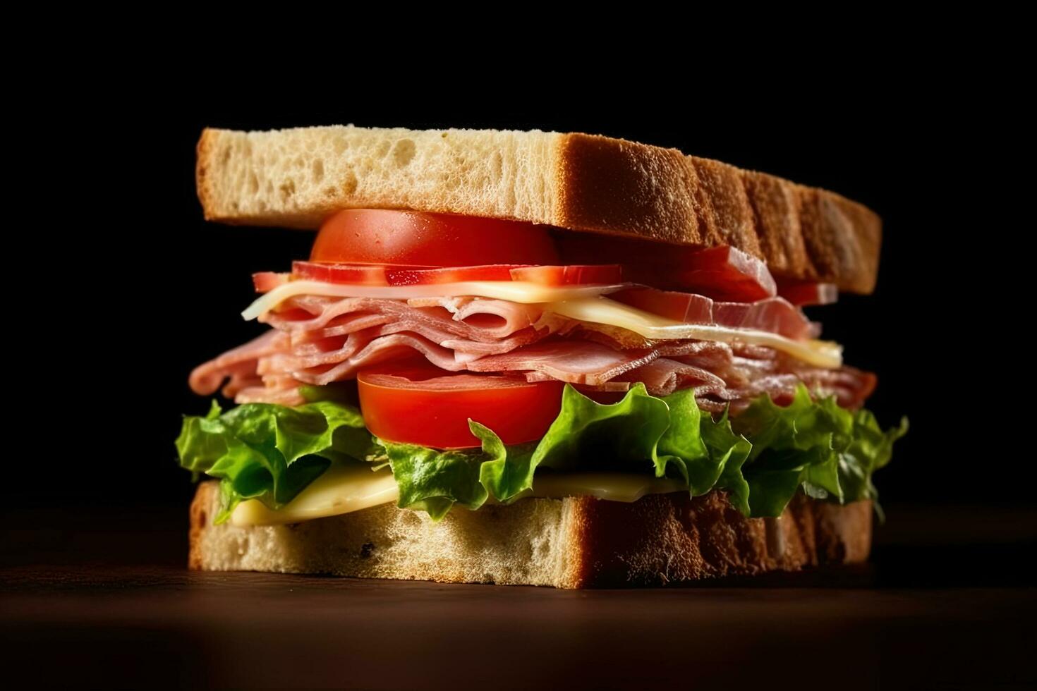 Fresh delicious sandwich isolated on dark background. AI Generated photo