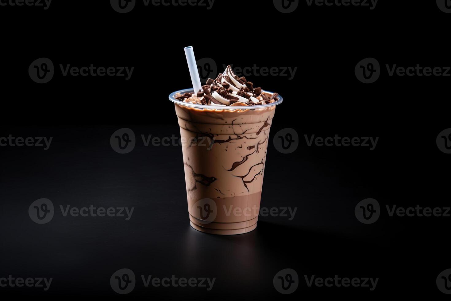 Chocolate milkshake in plastic takeaway cup isolated on black background. photo