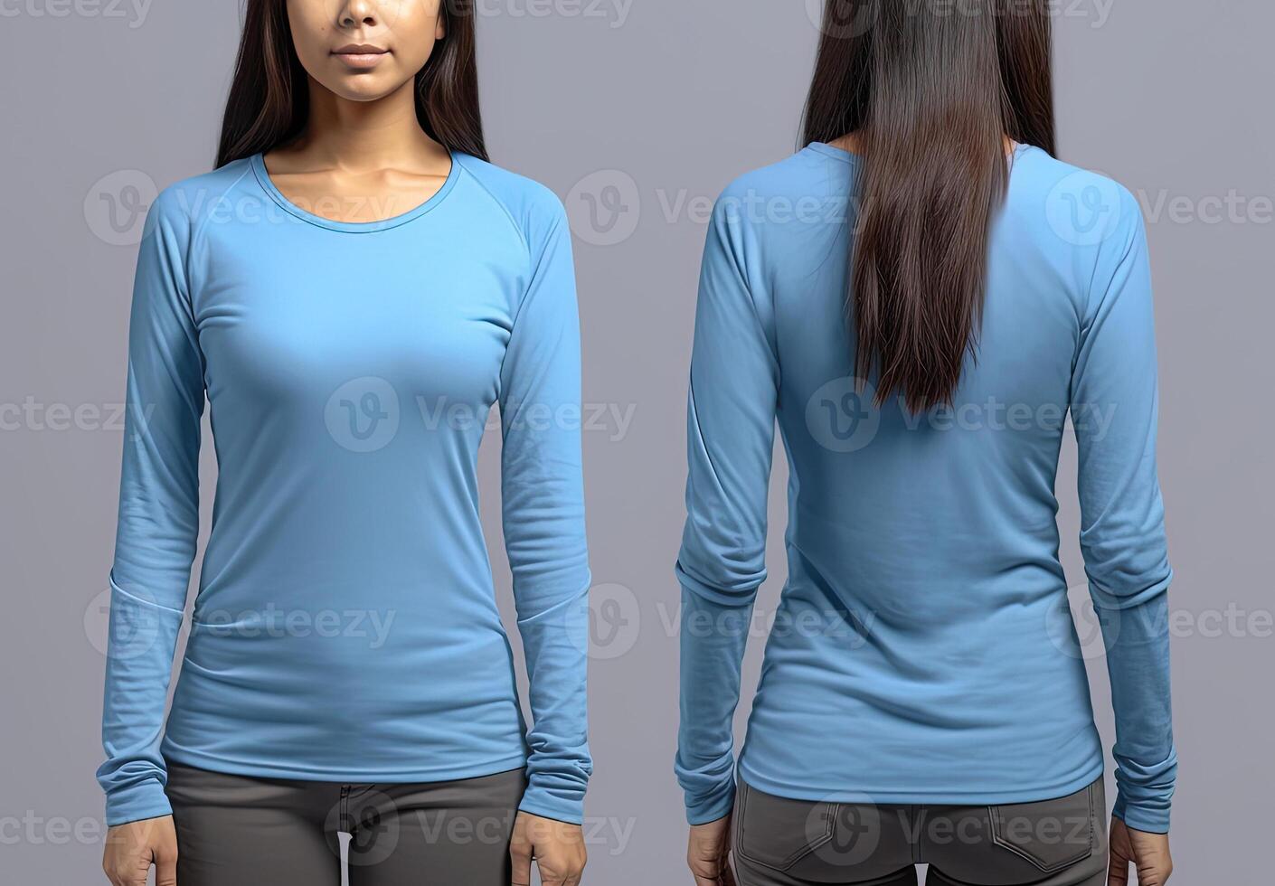 Woman wearing a blue T-shirt with long sleeves. Front and back view. photo