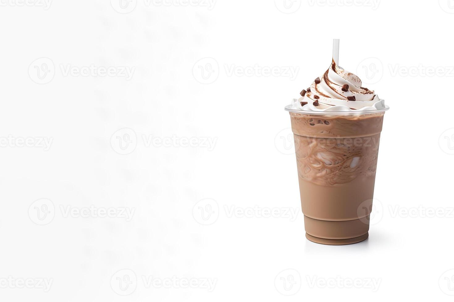 Chocolate milkshake in plastic takeaway cup isolated on white background with copy space. photo