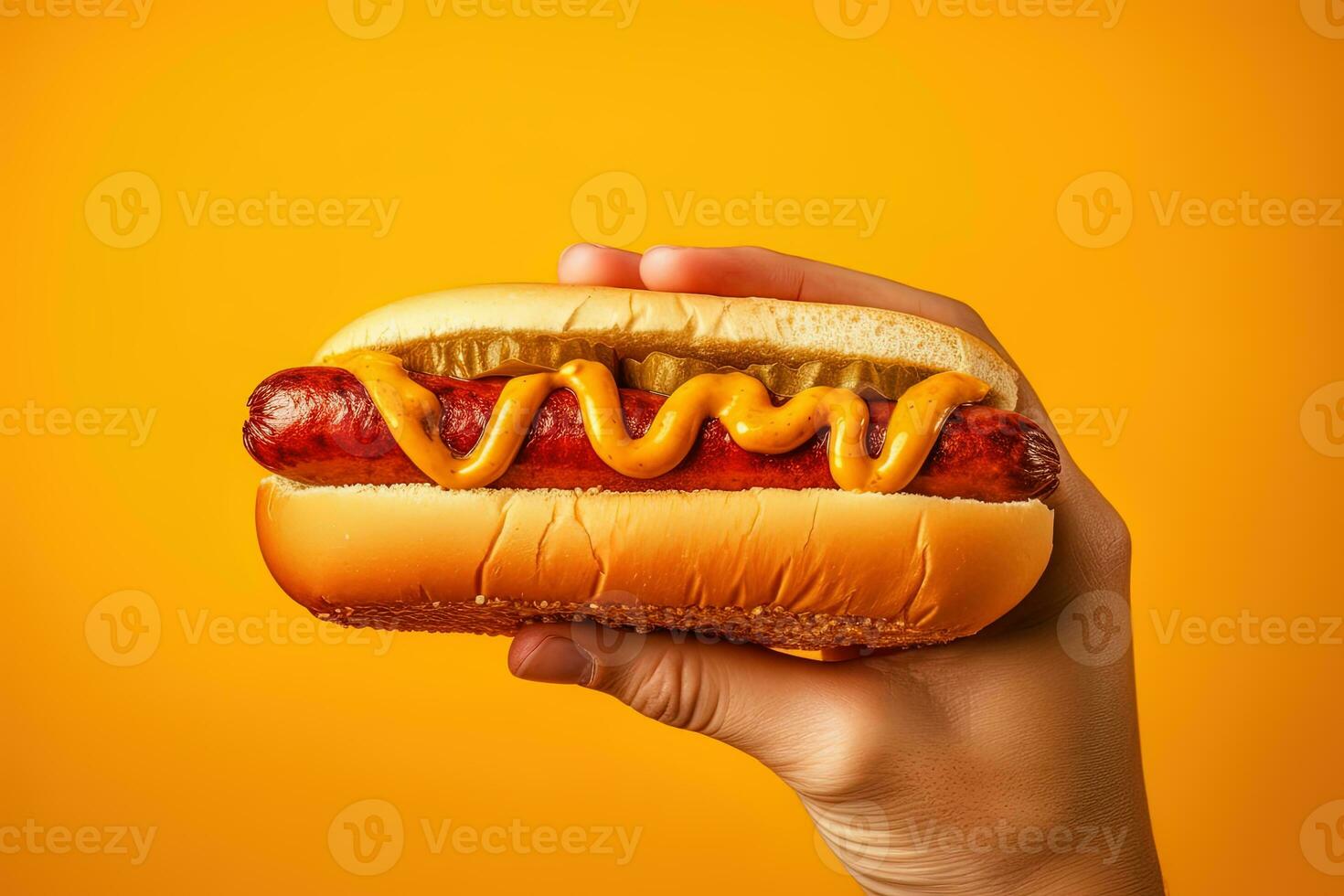 Hand holding tasty hot dog on a yellow background. ai generated photo