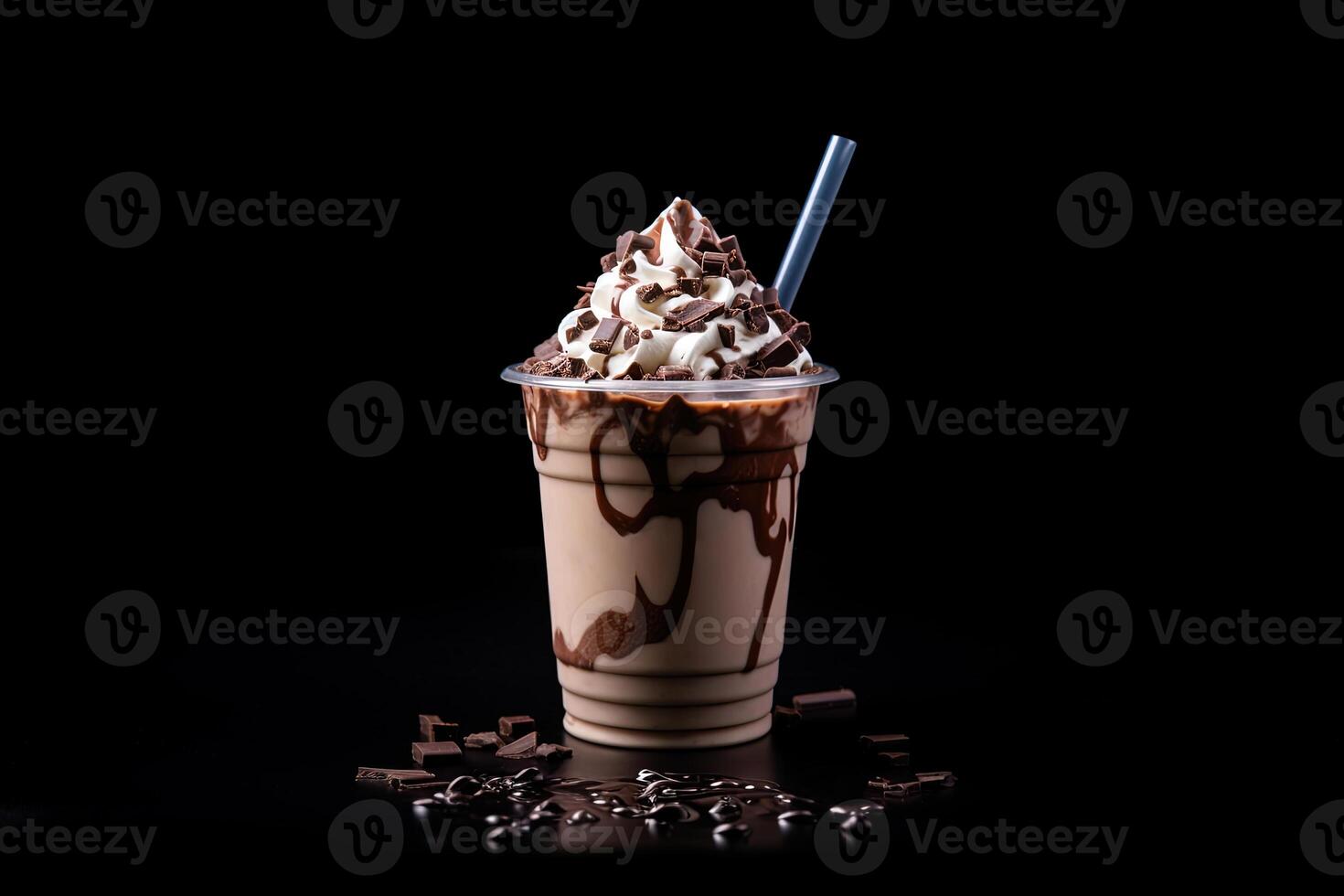 Chocolate milkshake in plastic takeaway cup isolated on black background. photo