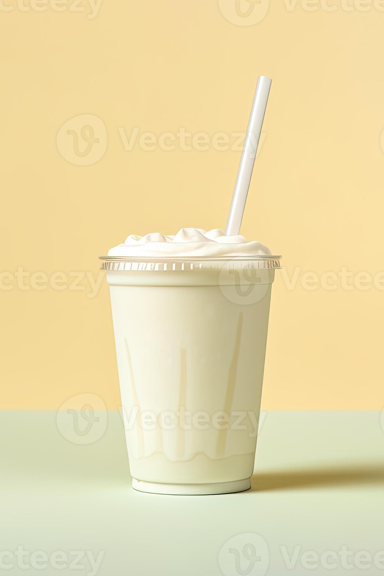 Vanilla milkshake in plastic takeaway cup isolated on pastel background. ai  generated 26278066 Stock Photo at Vecteezy