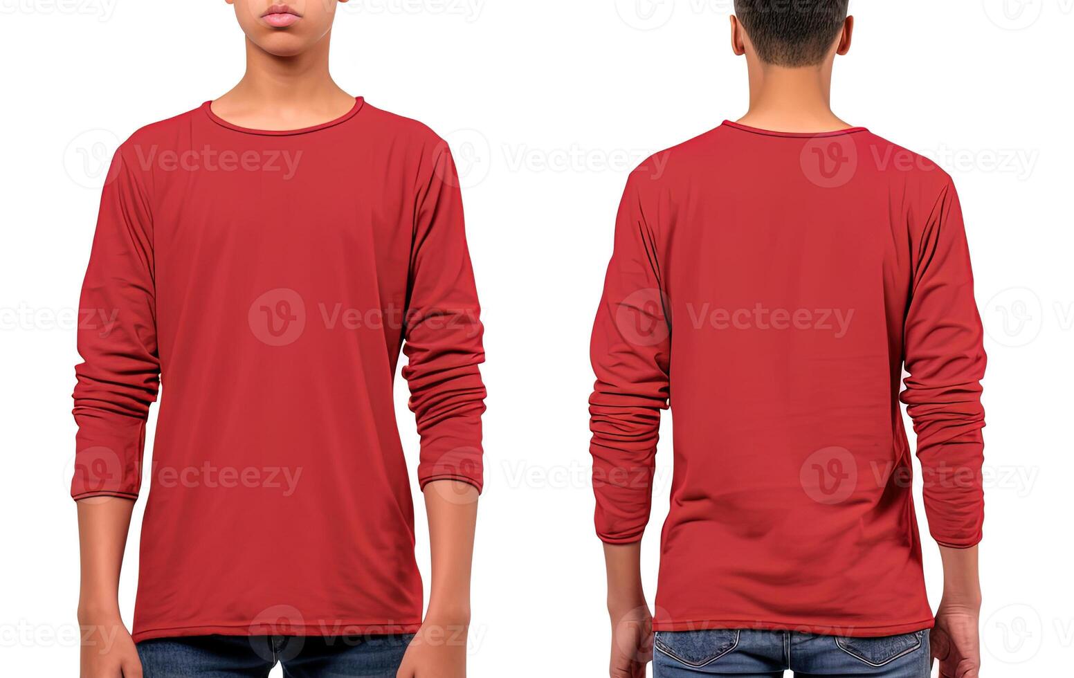 Man wearing a red T-shirt with long sleeves. Front and back view. photo