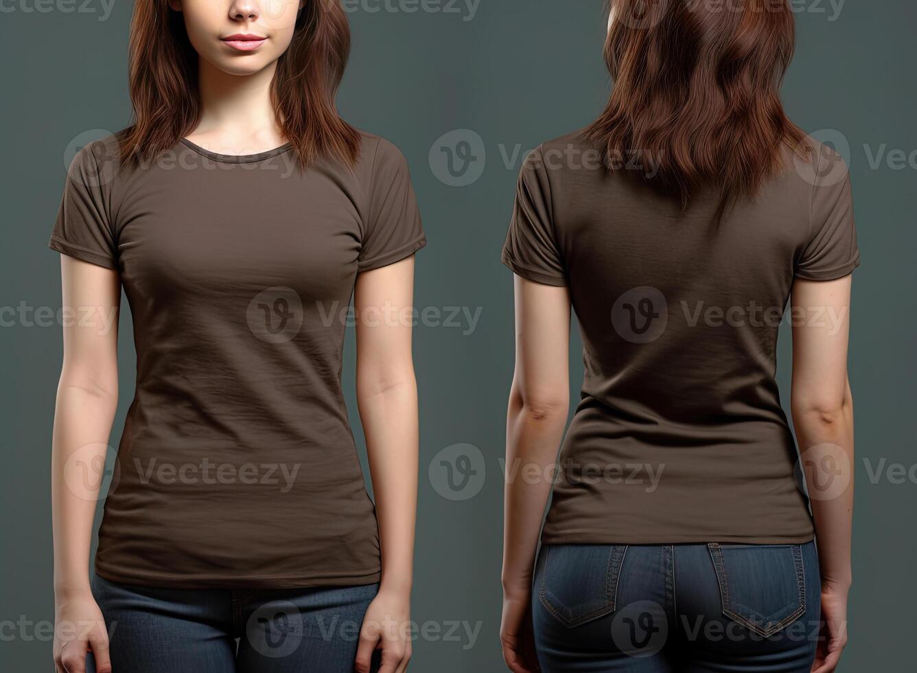 Photo realistic female brown t-shirts with copy space, front, and back view.