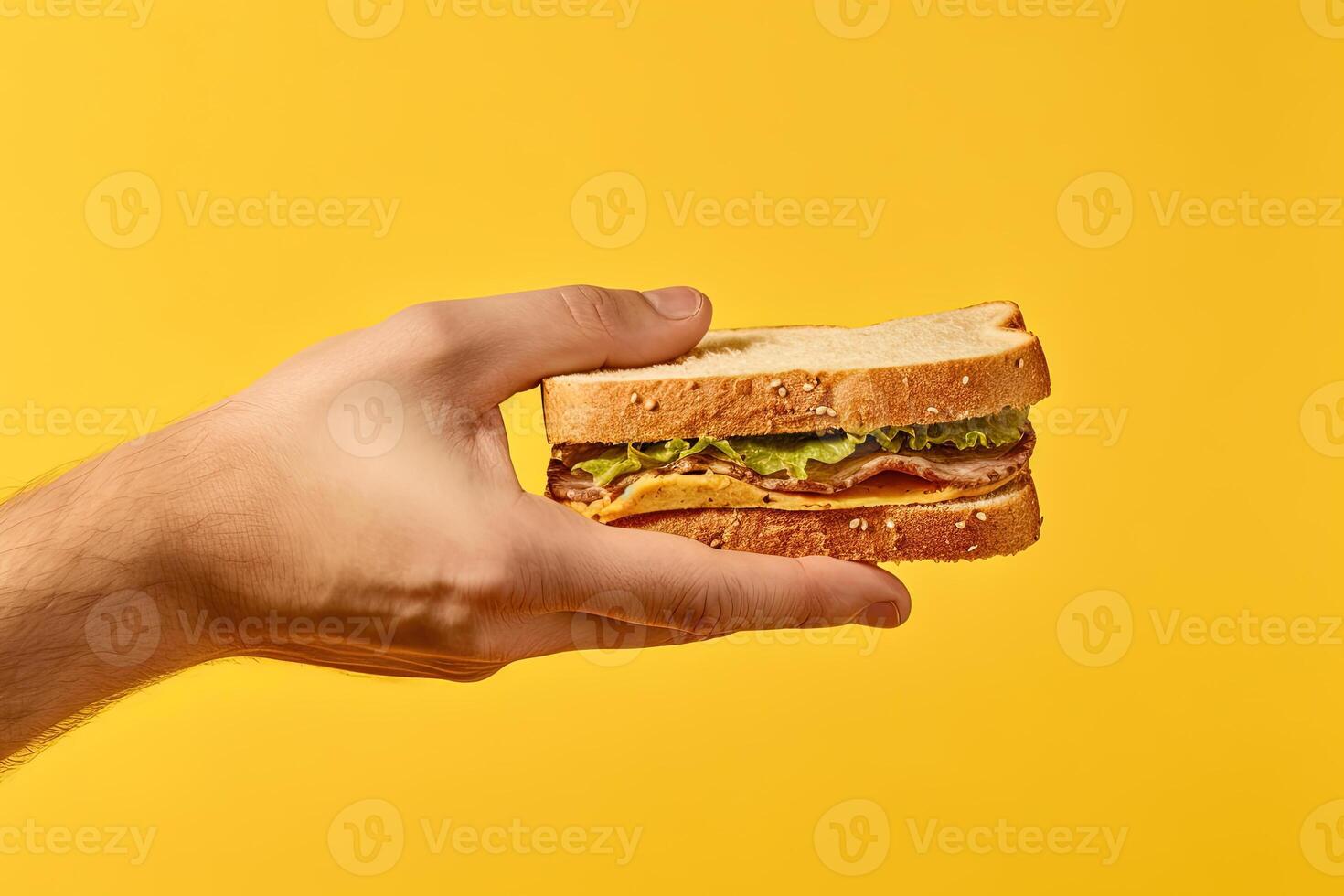 Hand holding tasty sandwich on a yellow background. photo