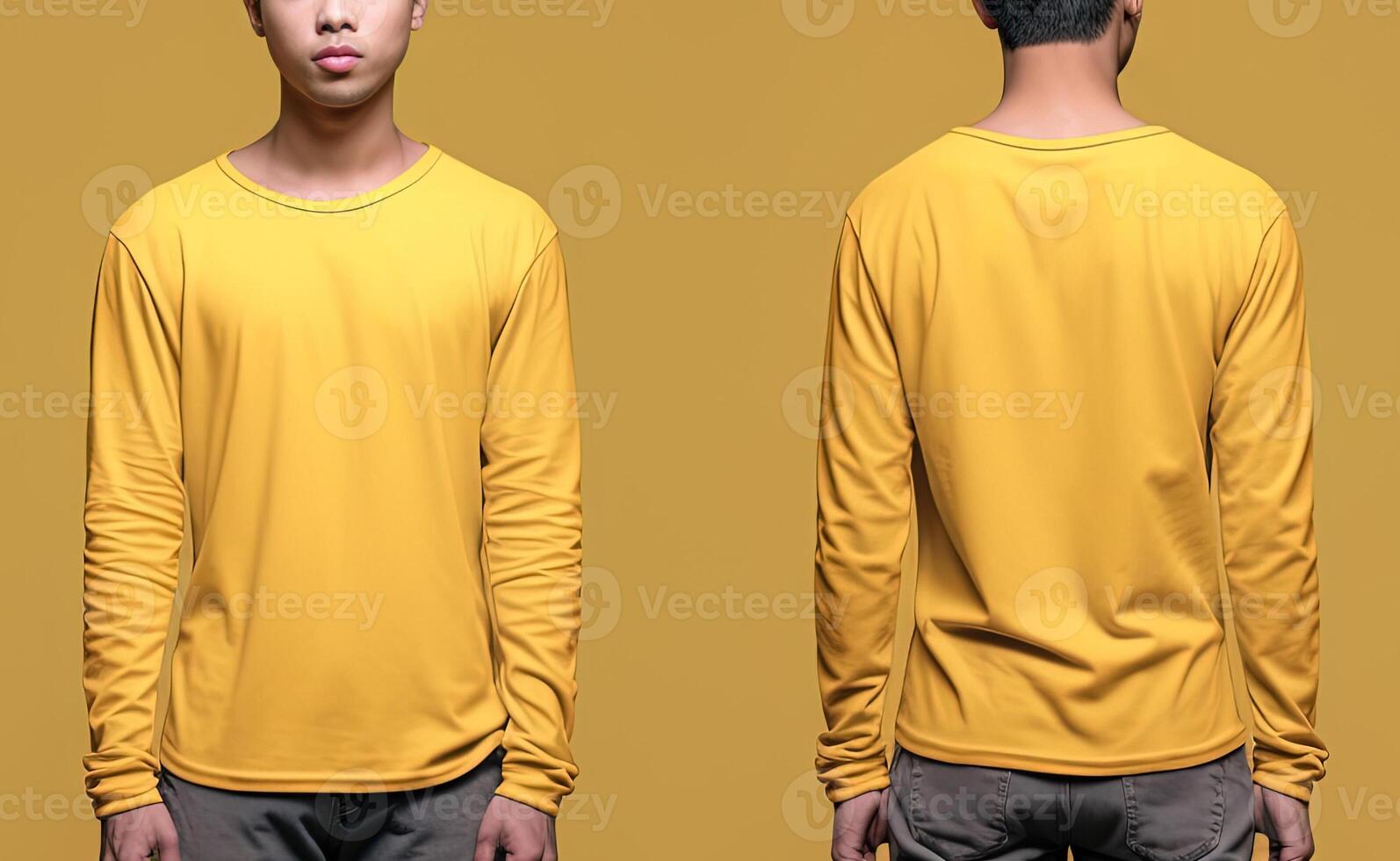 Man wearing a yellow T-shirt with long sleeves. Front and back view. photo