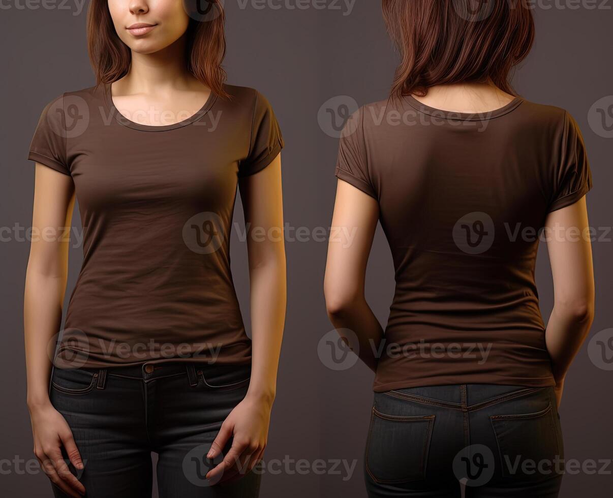 Photo realistic female brown t-shirts with copy space, front, and back view.