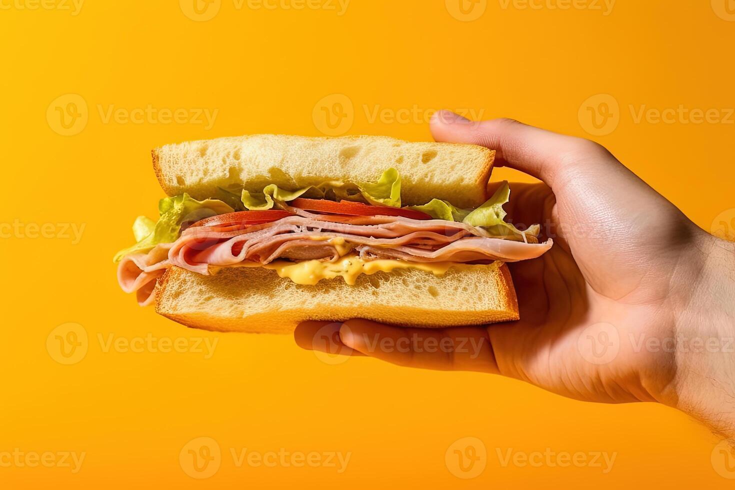 Hand holding tasty sandwich on a yellow background. photo