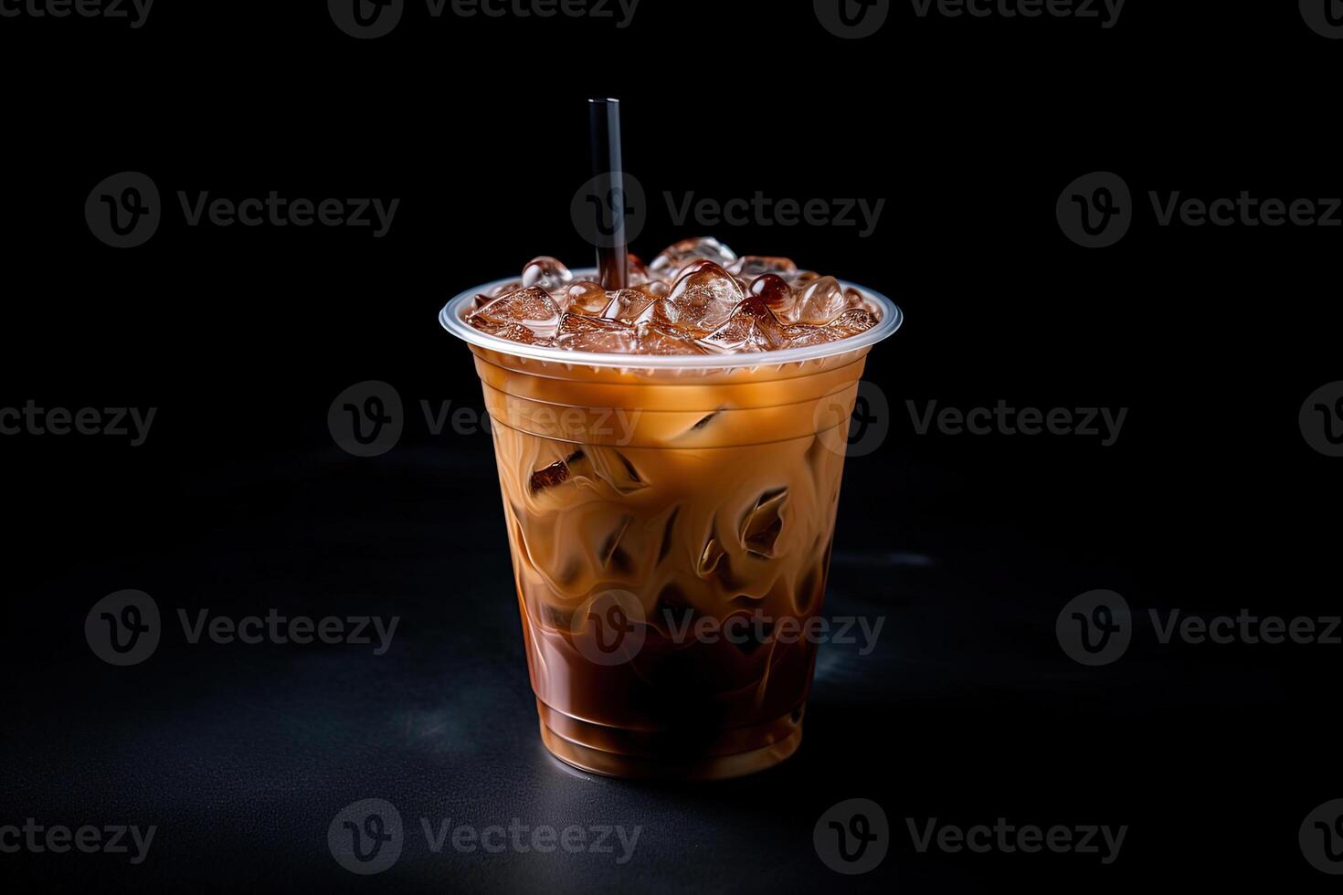 con hielo café en el plastico para llevar vaso aislado en oscuro antecedentes. ai generado foto