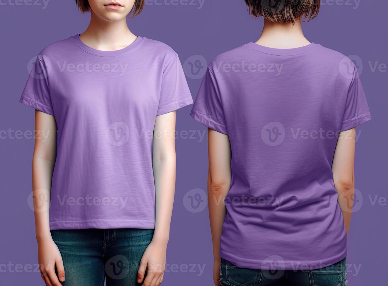 Photo realistic female purple t-shirts with copy space, front, and back view.