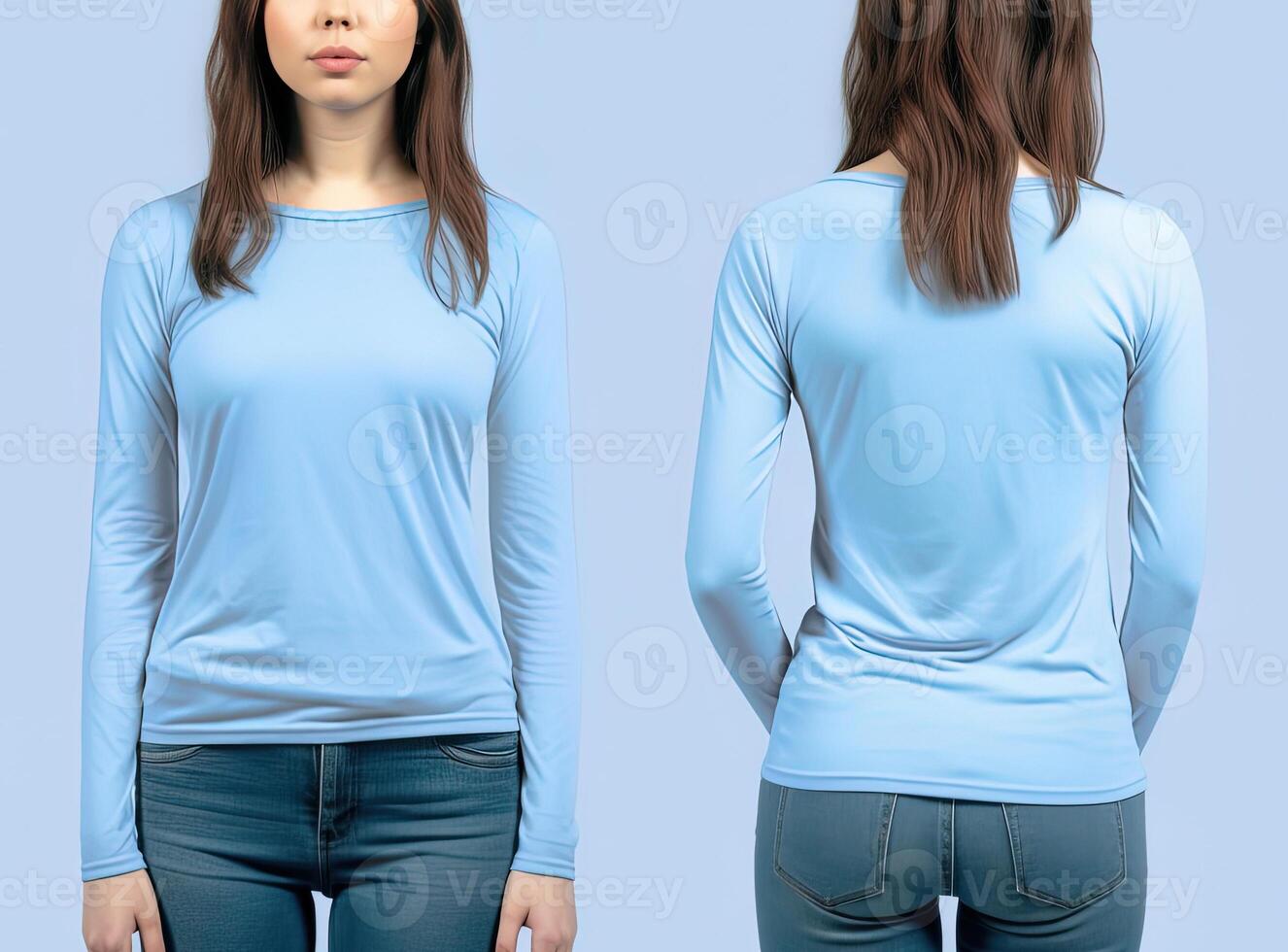Woman wearing a blue T-shirt with long sleeves. Front and back view. photo